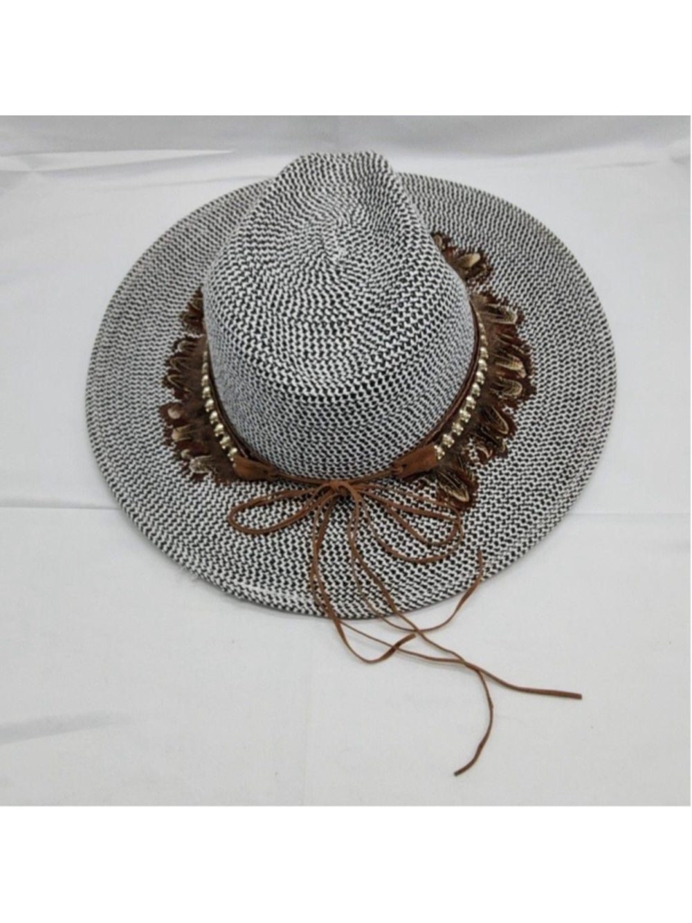 Homemade Hat Womens Adjustable Gray Straw Beaded Feather Boho Wide Brim Festival